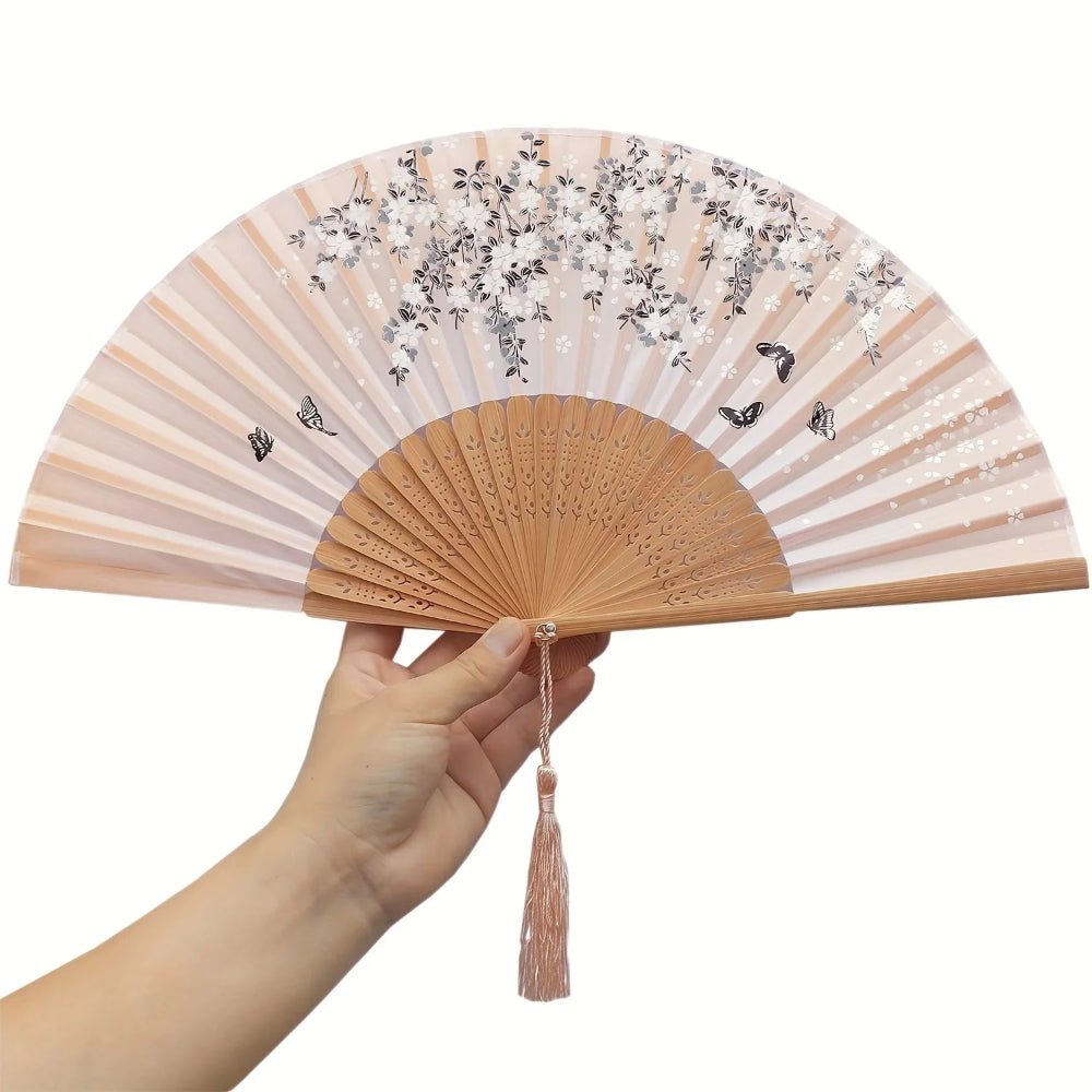Leque de Mão Dobrável com Borla Estilo Oriental – Leque de Bambu (22 Hastes) e Tecido