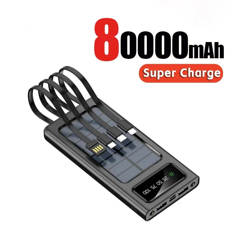 Solar Power Bank 200000mAh - 4 Cabos, Carregamento Rápido, USB, Solar, iPhone/Xiaomi/Samsung