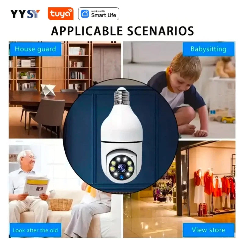 Lâmpada WiFi E27 com Câmara Segurança HD Tuya Smart - Visão Noturna, Áudio Bidirecional, Detecção Movimento