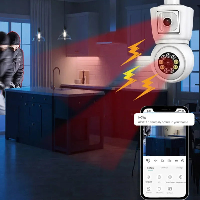 Câmara Segurança 4K/8MP E27 WiFi ICSEE Lente Dupla PTZ Exterior - Rastreamento IA, Visão Noturna Colorida