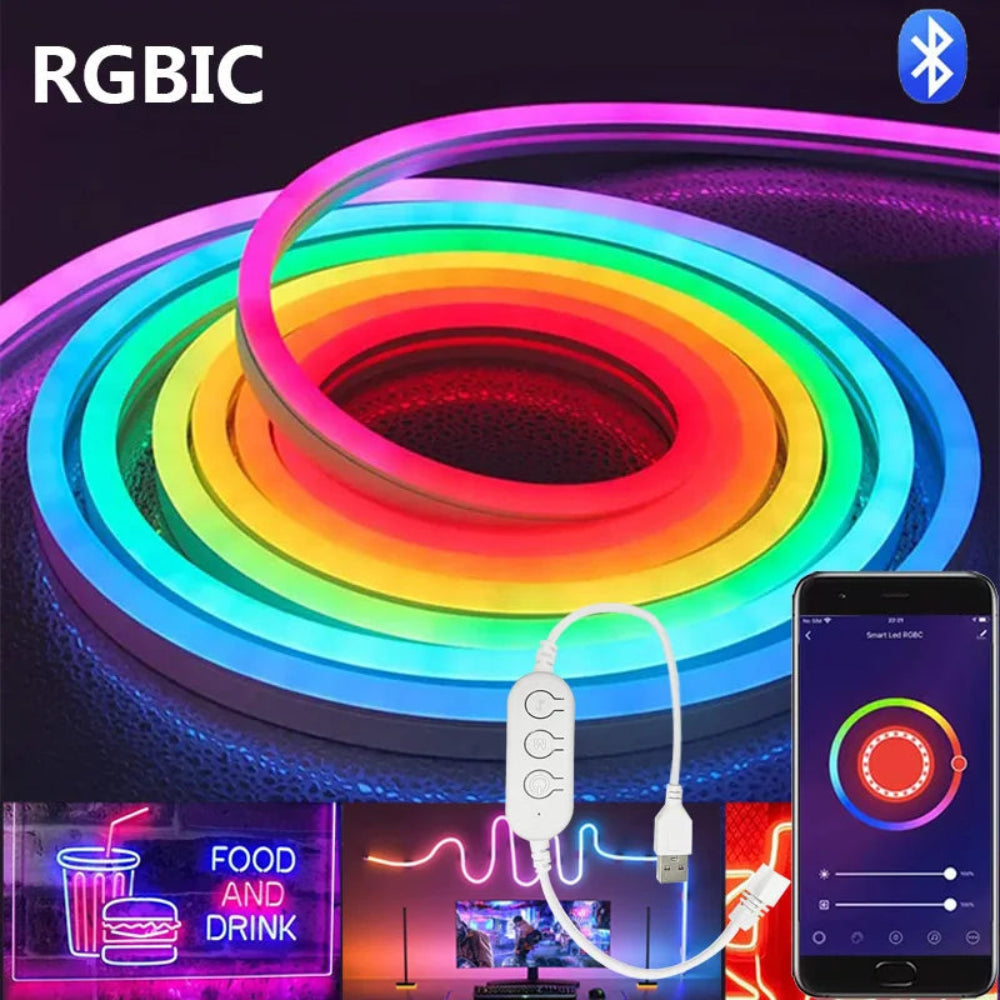 Fita LED Neon RGBIC 5V - Sinc. Música, DIY, Dreamcolor, IP65, Controlo APP/Voz