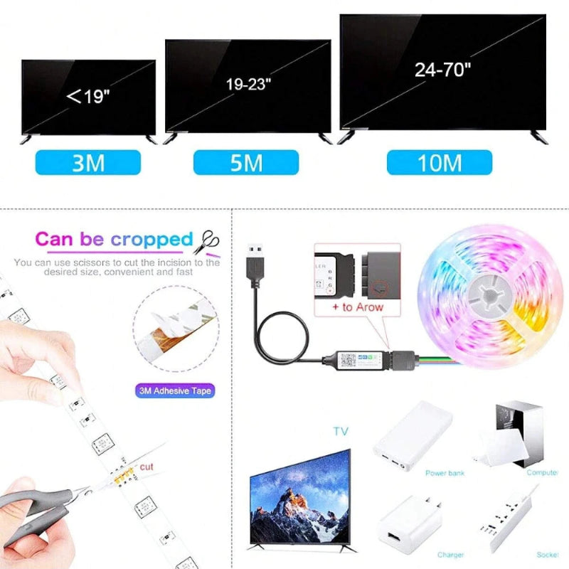 Fita LED USB RGB 1-30M - Tuya APP, 5050, Decoração Quarto/TV, Mudança Cor