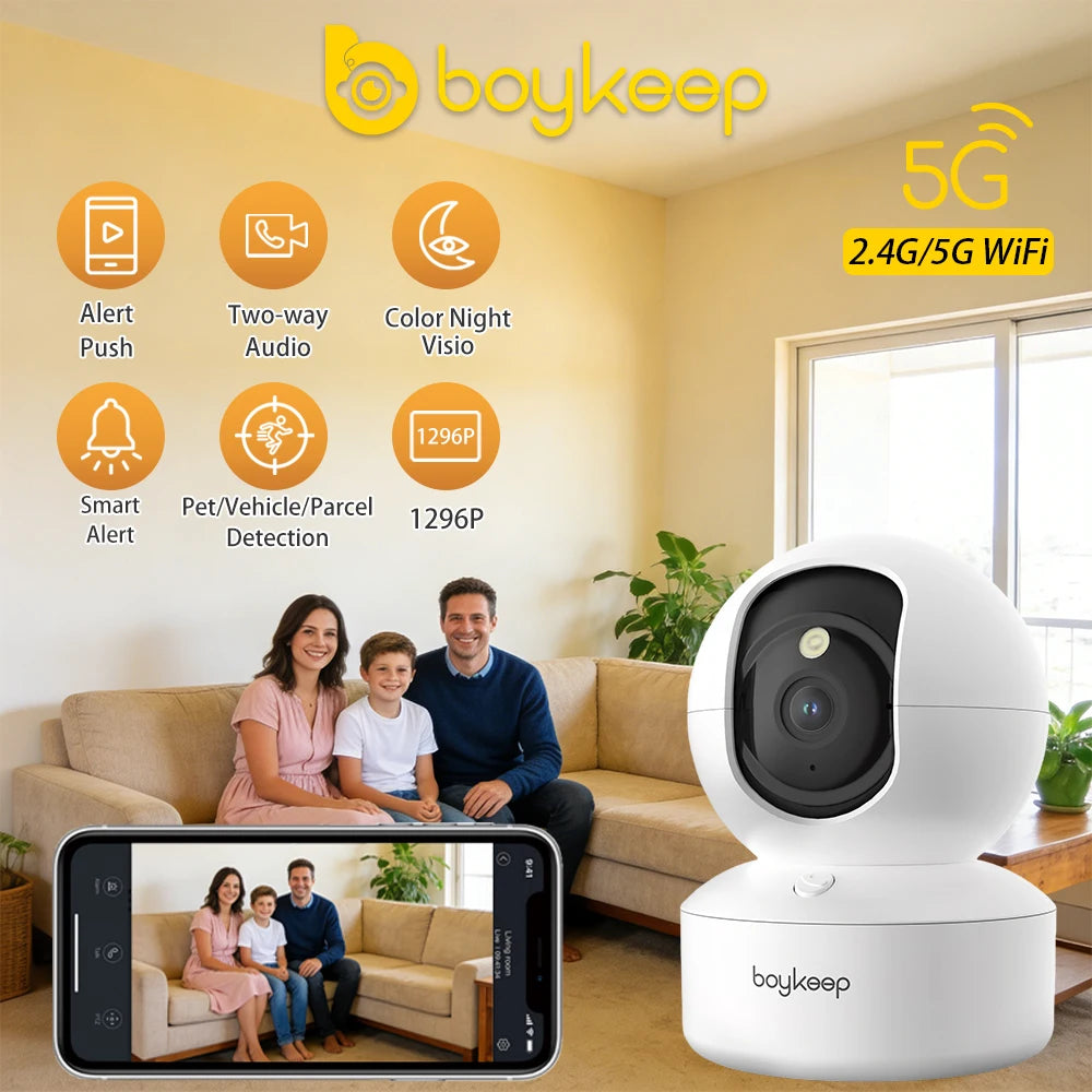 Câmera de Segurança Interna BoyKeep K30-EU 2K 3MP — Wi-Fi Dual Band 5G/2.4GHz, Pan 360° & Áudio Bidirecional