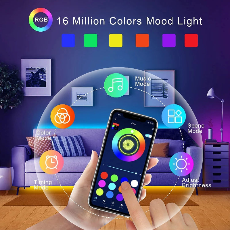 Fita LED RGB 5m-30m - Controlo APP, USB, Flexível, Decoração Quarto/Sala