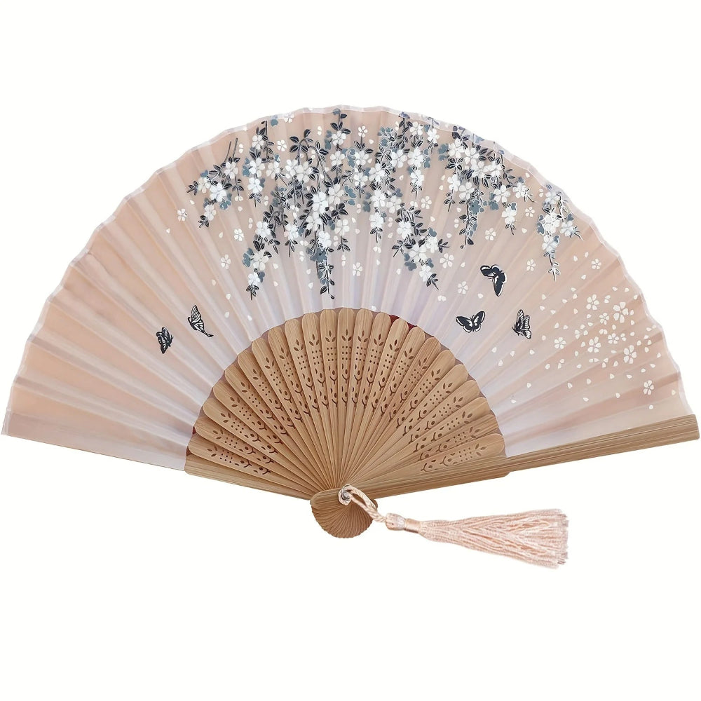 Leque de Mão Dobrável com Borla Estilo Oriental – Leque de Bambu (22 Hastes) e Tecido