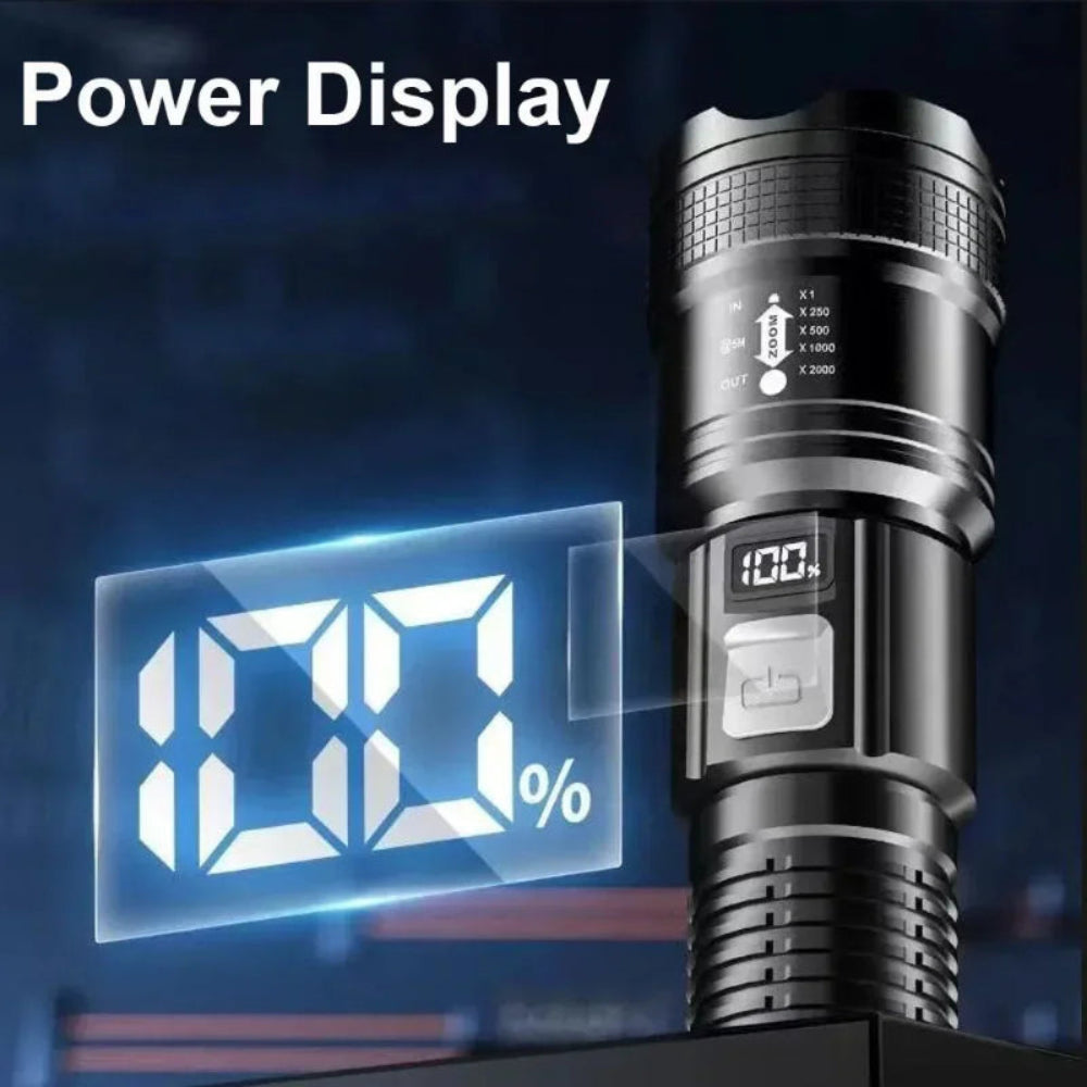 Lanterna LED Tática Alta Potência - 1500M, USB, Zoom, 3 Modos, Acampamento/Pesca/Defesa