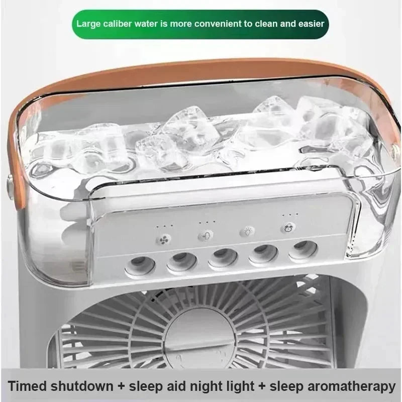 Mini Ar Condicionado Portátil 3 em 1 USB - Ventoinha, Humidificador, Luz Noturna LED, Arrefecimento