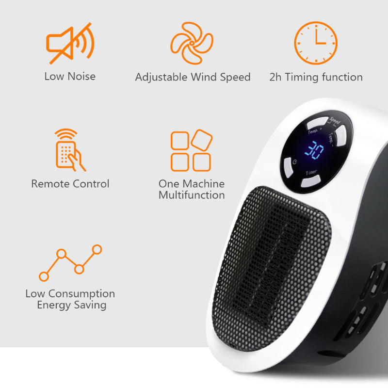 Aquecedor Elétrico Portátil 500W - Tomada Parede, Termostato, Controlo Remoto, Temporizador