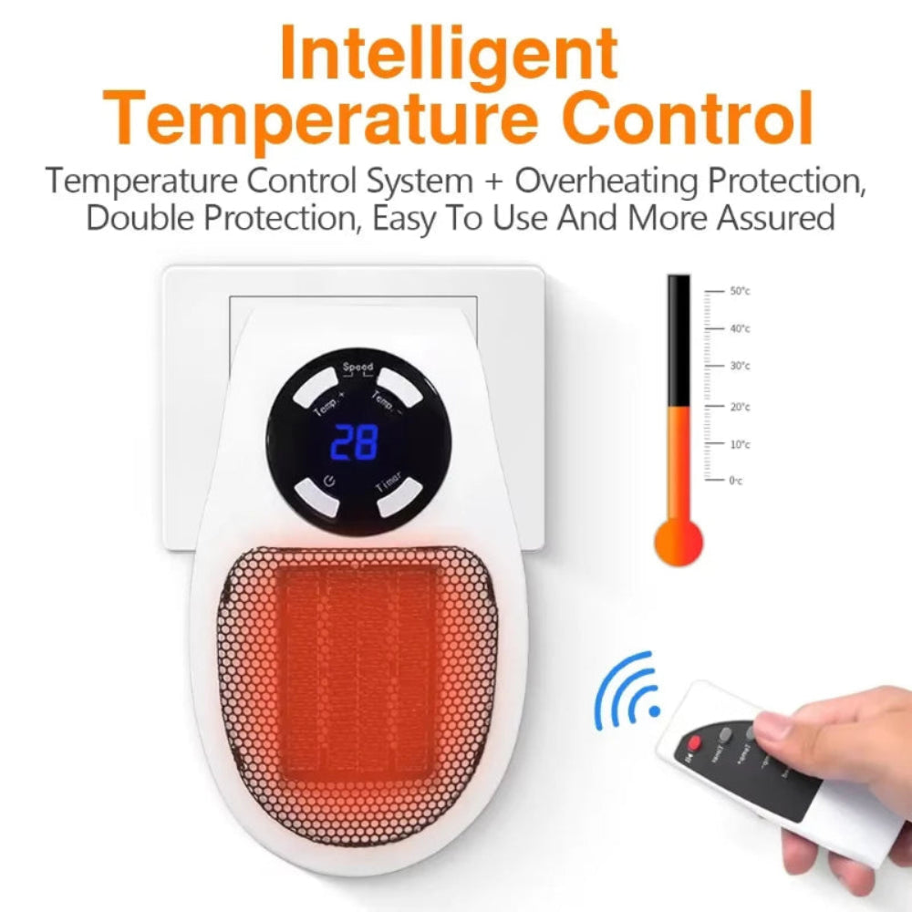 Aquecedor Elétrico Portátil 500W - Tomada Parede, Termostato, Controlo Remoto, Temporizador