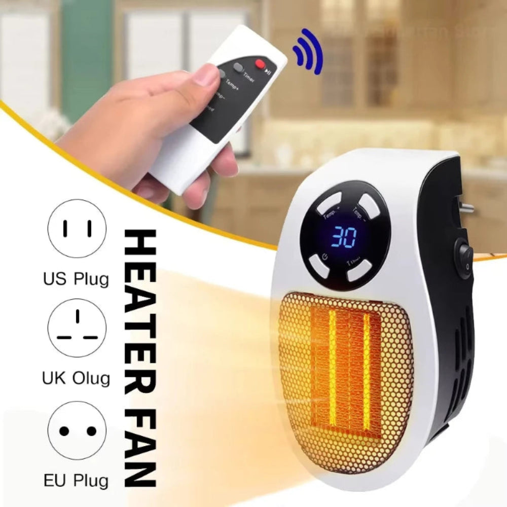 Aquecedor Elétrico Portátil 500W - Tomada Parede, Termostato, Controlo Remoto, Temporizador