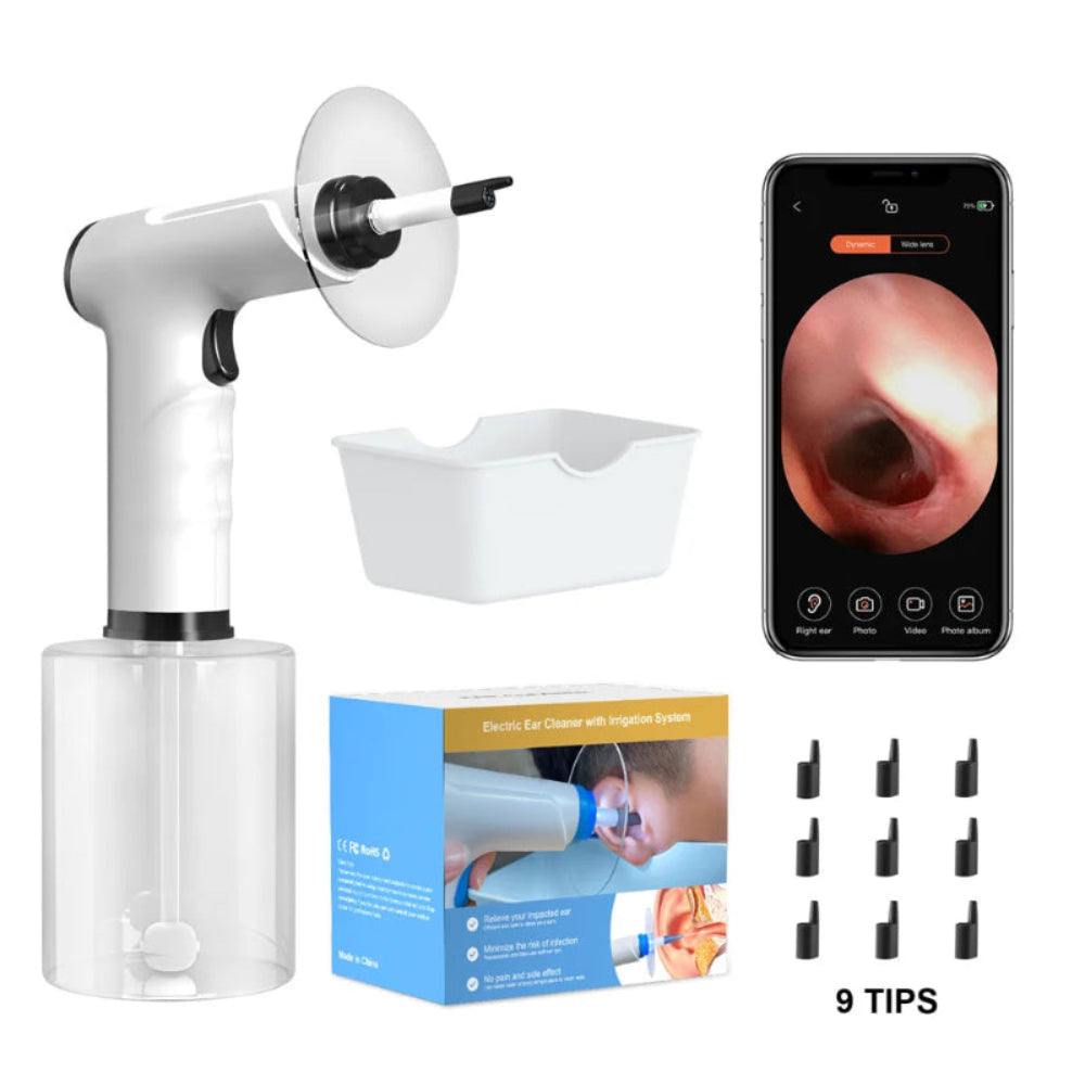 Kit Elétrico Limpeza Ouvidos Spray Suave - Seguro, Eficaz, 4 Pressões, 9 Pontas