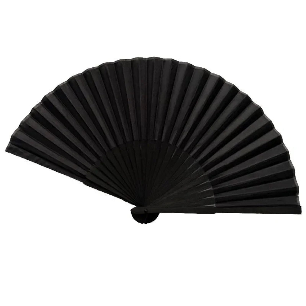 Leque de Mão Dobrável Estilo Chinês Vintage – Leque Preto de Bambu e Tecido com Bolsa de Proteção 21 cm