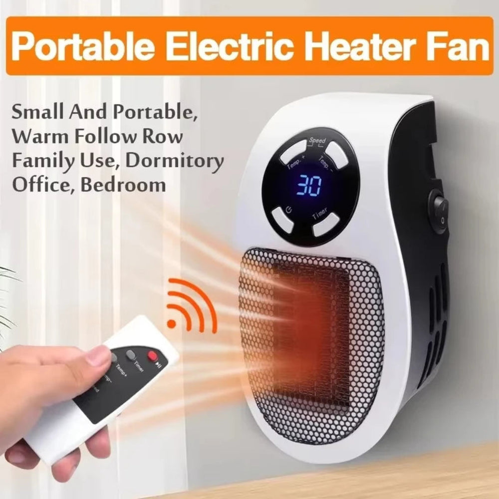 Aquecedor Elétrico Portátil 500W - Tomada Parede, Termostato, Controlo Remoto, Temporizador