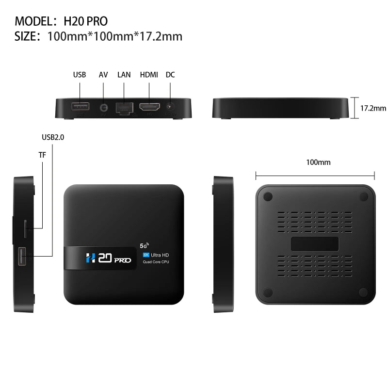 H20PRO Smart TV Box Android 10 WiFi6 - 6K/4K/3D, 2GB RAM, 16GB ROM, Dual WiFi