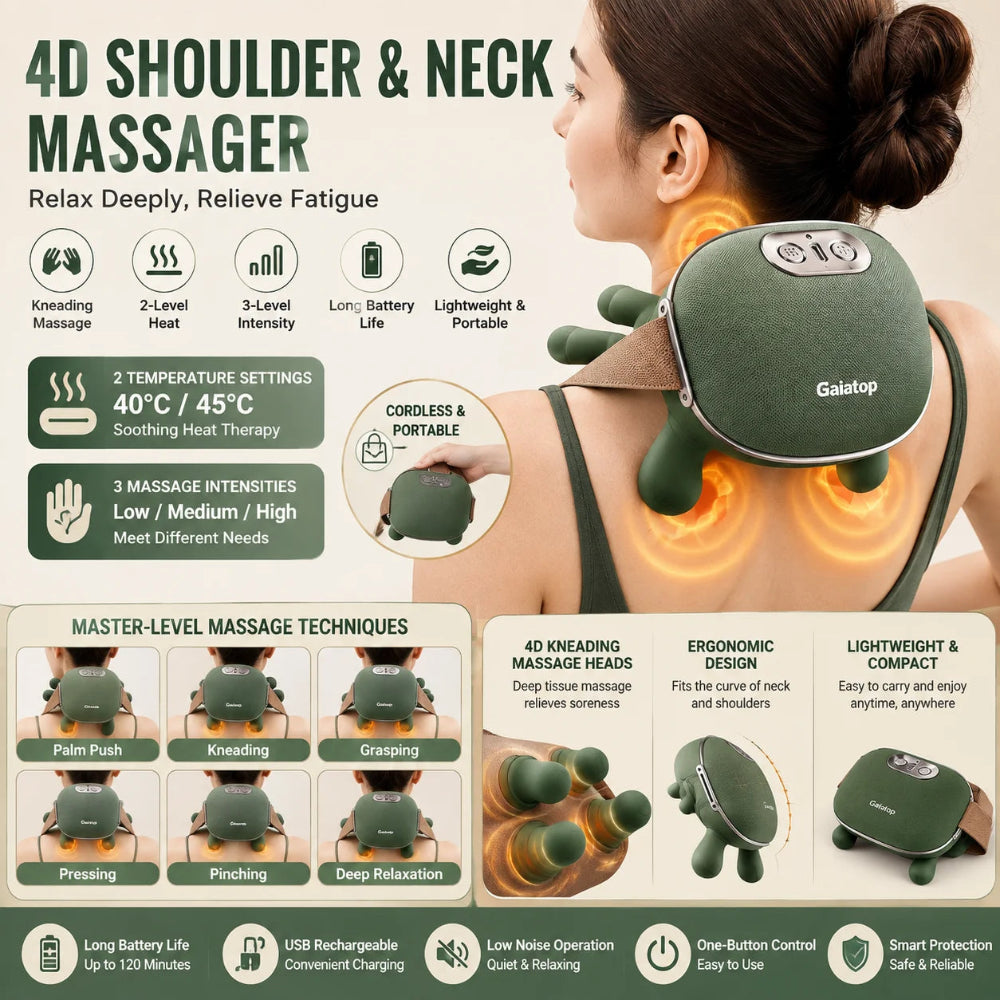 Massajador Corporal 4D Sem Fios com Calor Nível Profissional – Prenda Ideal para Alívio Muscular do Pescoço, Ombros e Costas