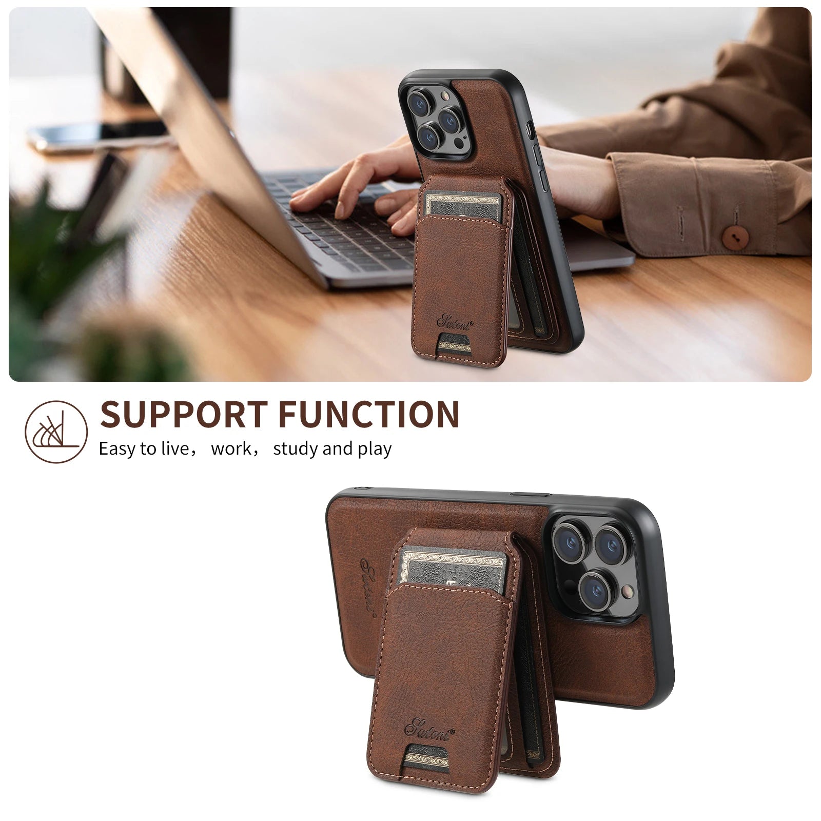 Capa Couro MagSafe com Porta-Cartões com Suporte Magnético  - iPhone/Samsung, Anti-Riscos, Resistente à Água