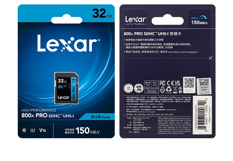 Cartão de Memória Lexar SD Pro 800x - 32GB/64GB/128GB - 150MB/s, UHS-I, C10/V10/V30