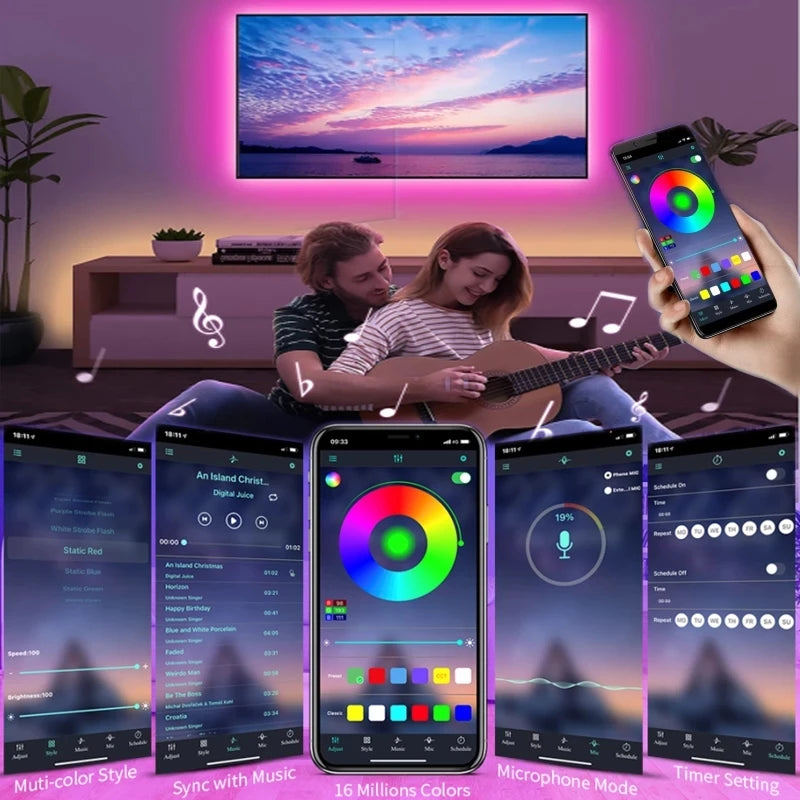 Fita LED USB 5V 5050 RGB - Bluetooth/WiFi/Alexa, 1m-30m, Decoração Quarto/TV