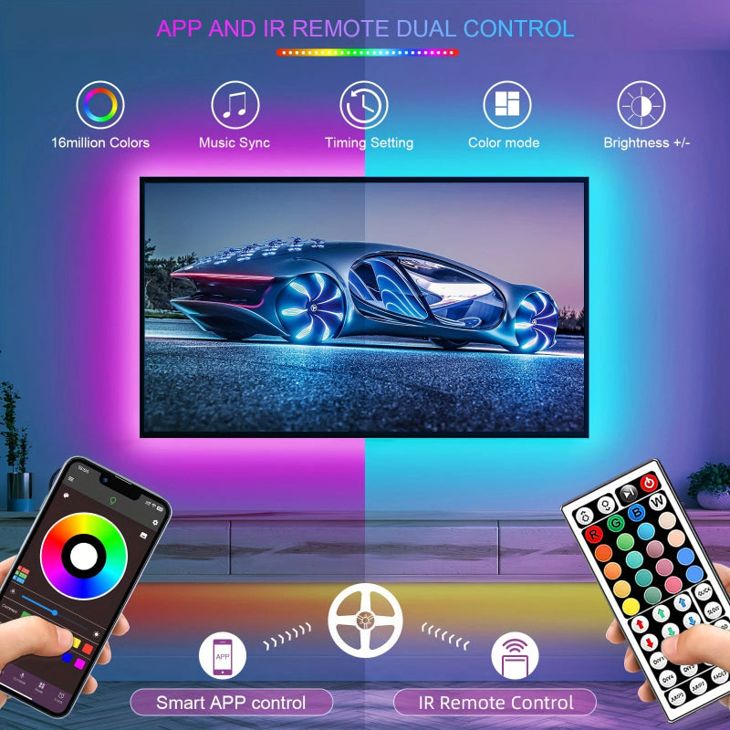 Fita LED RGB 5m-30m - Controlo APP, USB, Flexível, Decoração Quarto/Sala