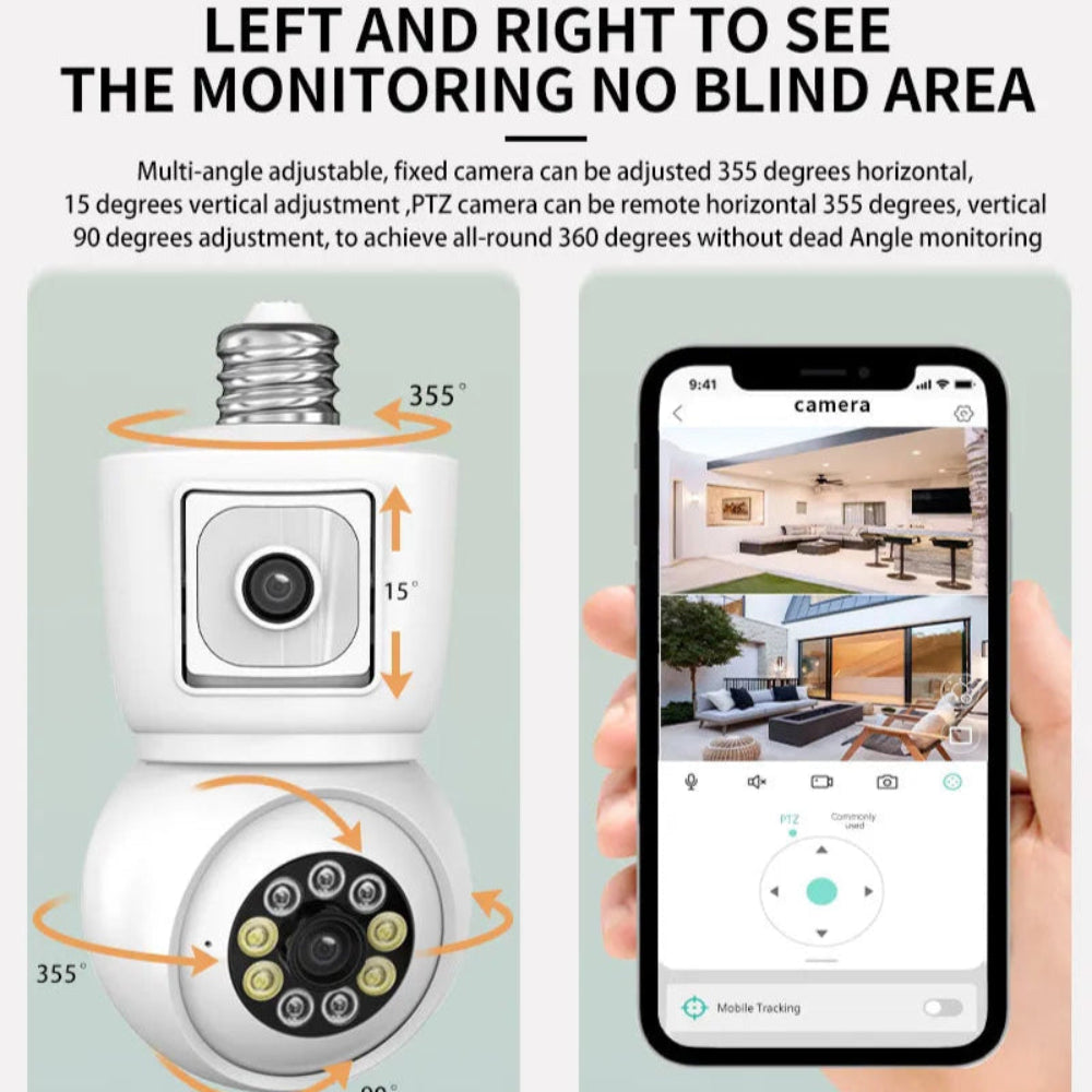 Câmara Segurança 4K/8MP E27 WiFi ICSEE Lente Dupla PTZ Exterior - Rastreamento IA, Visão Noturna Colorida