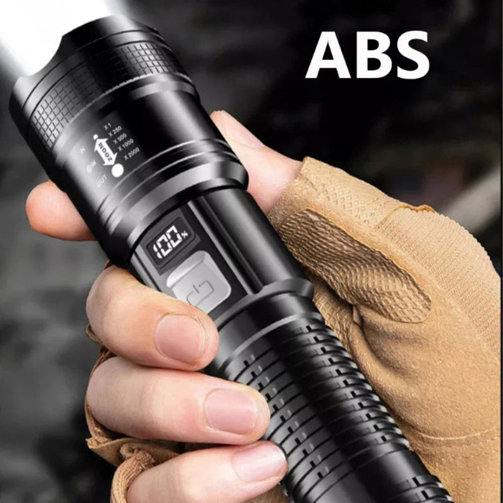 Lanterna LED Tática Alta Potência - 1500M, USB, Zoom, 3 Modos, Acampamento/Pesca/Defesa