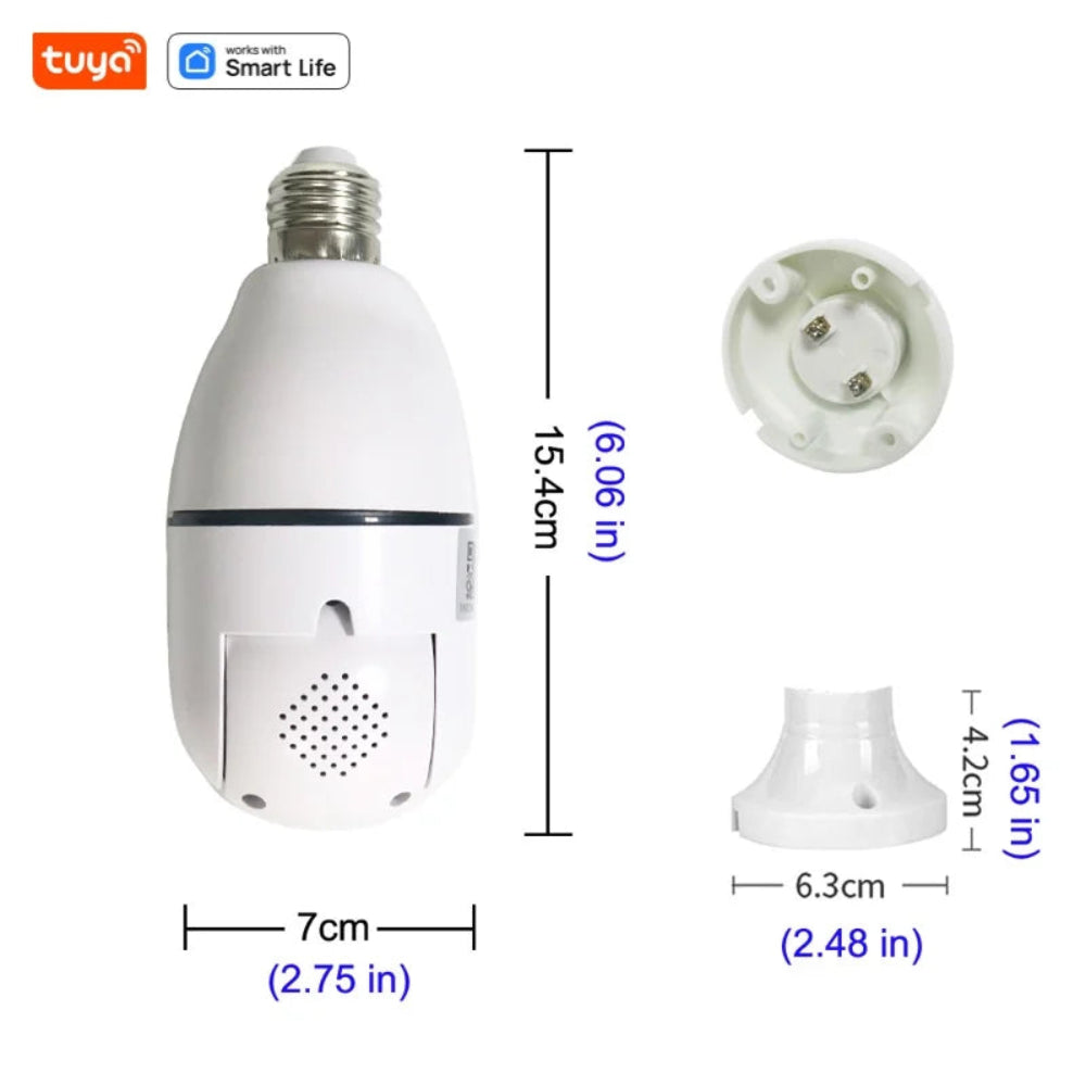 Lâmpada WiFi E27 com Câmara Segurança HD Tuya Smart - Visão Noturna, Áudio Bidirecional, Detecção Movimento