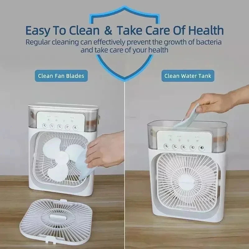 Mini Ar Condicionado Portátil 3 em 1 USB - Ventoinha, Humidificador, Luz Noturna LED, Arrefecimento