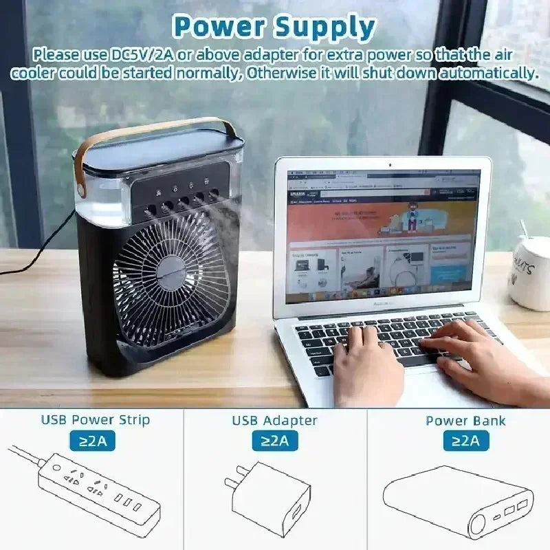 Mini Ar Condicionado Portátil 3 em 1 USB - Ventoinha, Humidificador, Luz Noturna LED, Arrefecimento