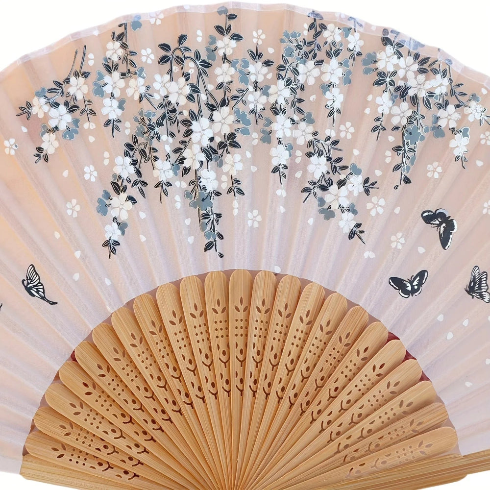 Leque de Mão Dobrável com Borla Estilo Oriental – Leque de Bambu (22 Hastes) e Tecido