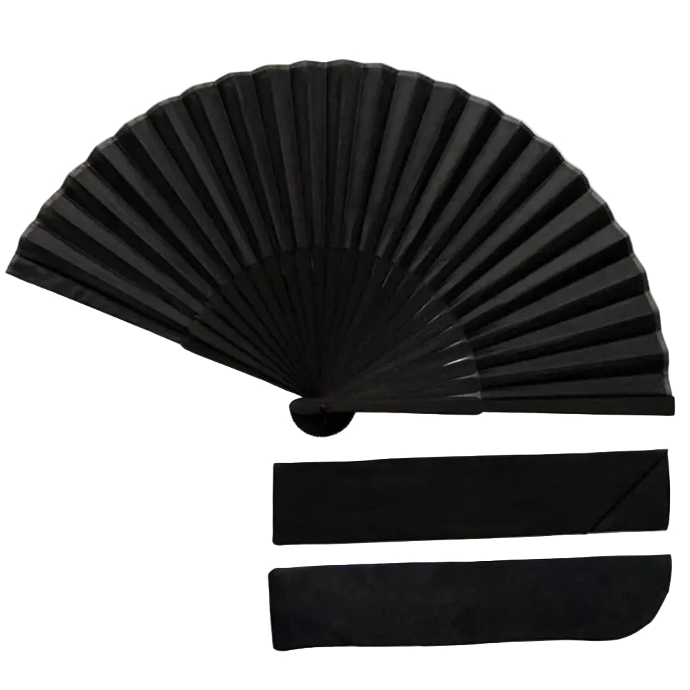 Leque de Mão Dobrável Estilo Chinês Vintage – Leque Preto de Bambu e Tecido com Bolsa de Proteção 21 cm