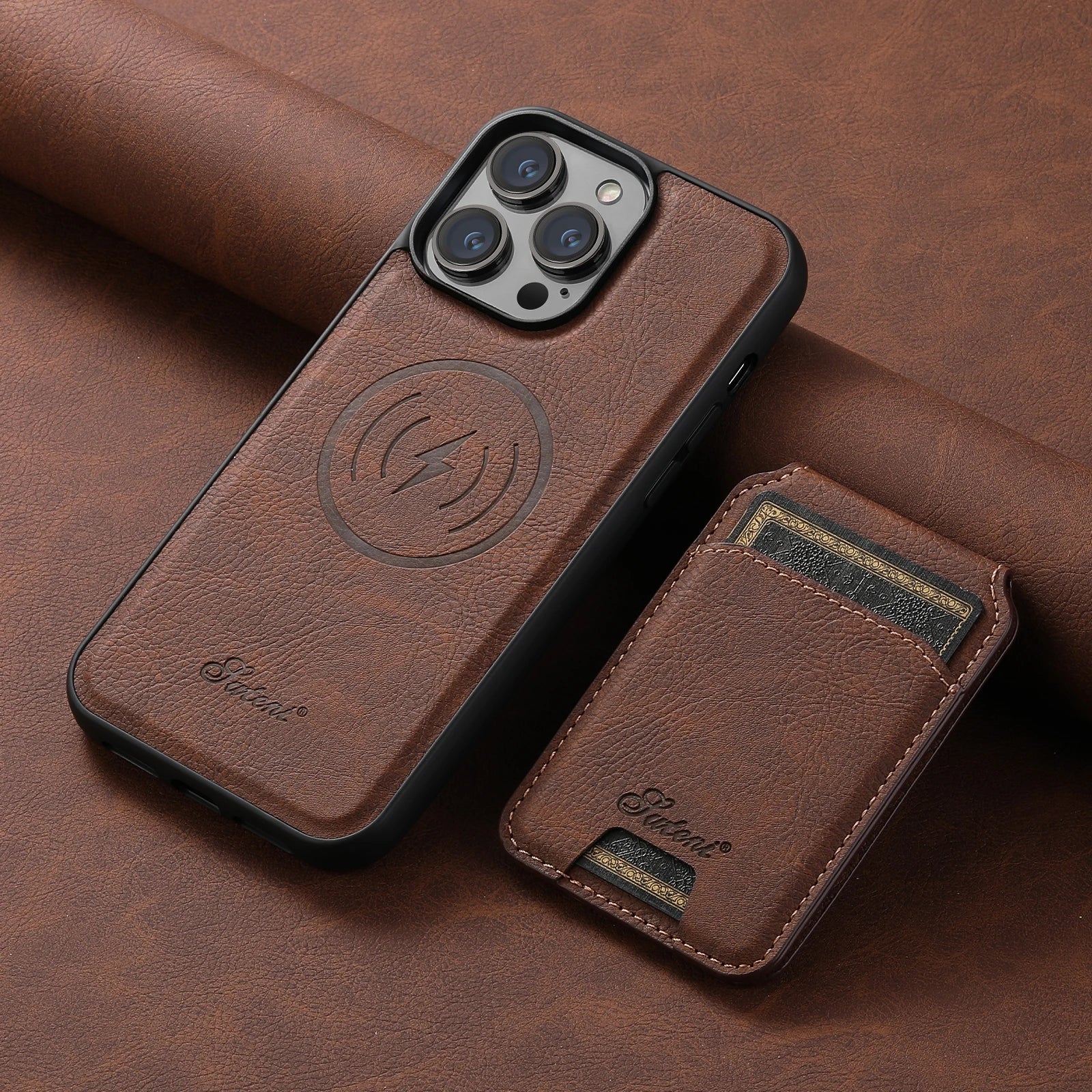 Capa Couro MagSafe com Porta-Cartões com Suporte Magnético  - iPhone/Samsung, Anti-Riscos, Resistente à Água