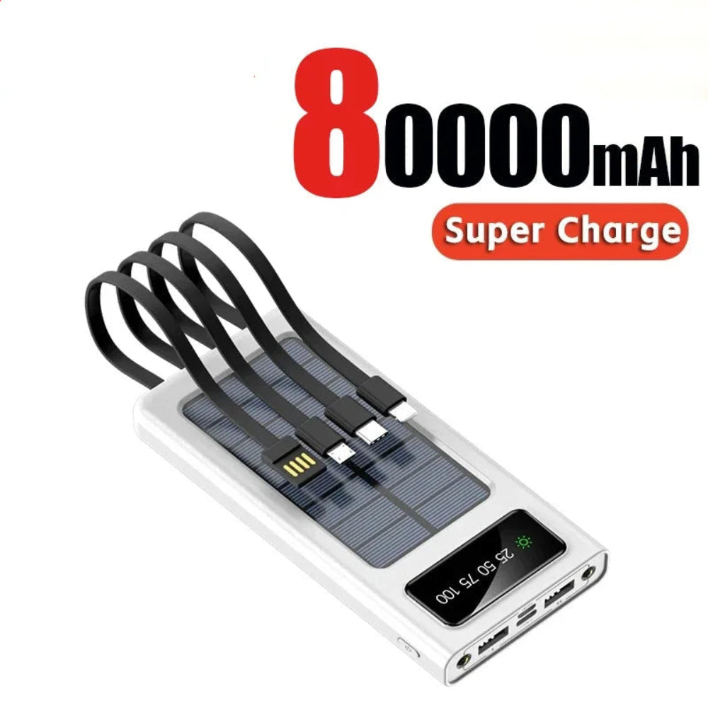 Solar Power Bank 200000mAh - 4 Cabos, Carregamento Rápido, USB, Solar, iPhone/Xiaomi/Samsung