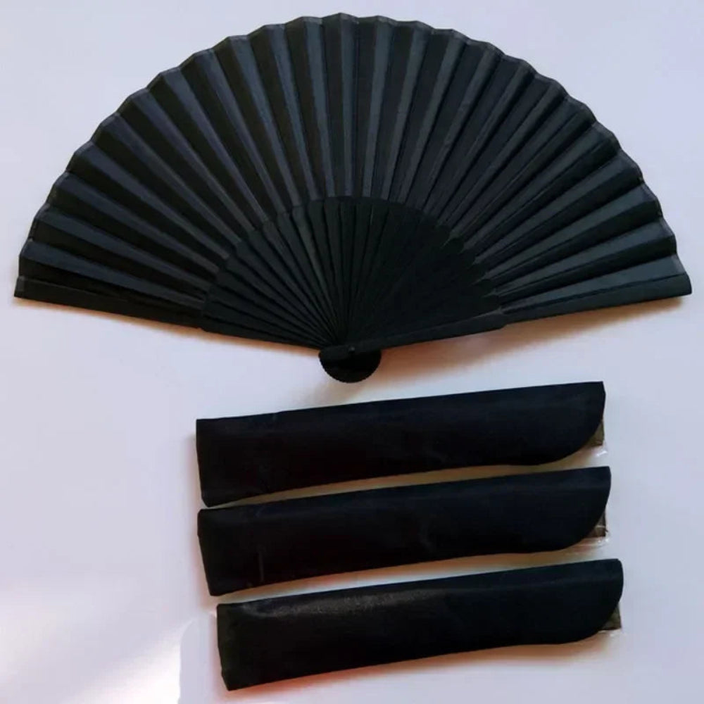 Leque de Mão Dobrável Estilo Chinês Vintage – Leque Preto de Bambu e Tecido com Bolsa de Proteção 21 cm