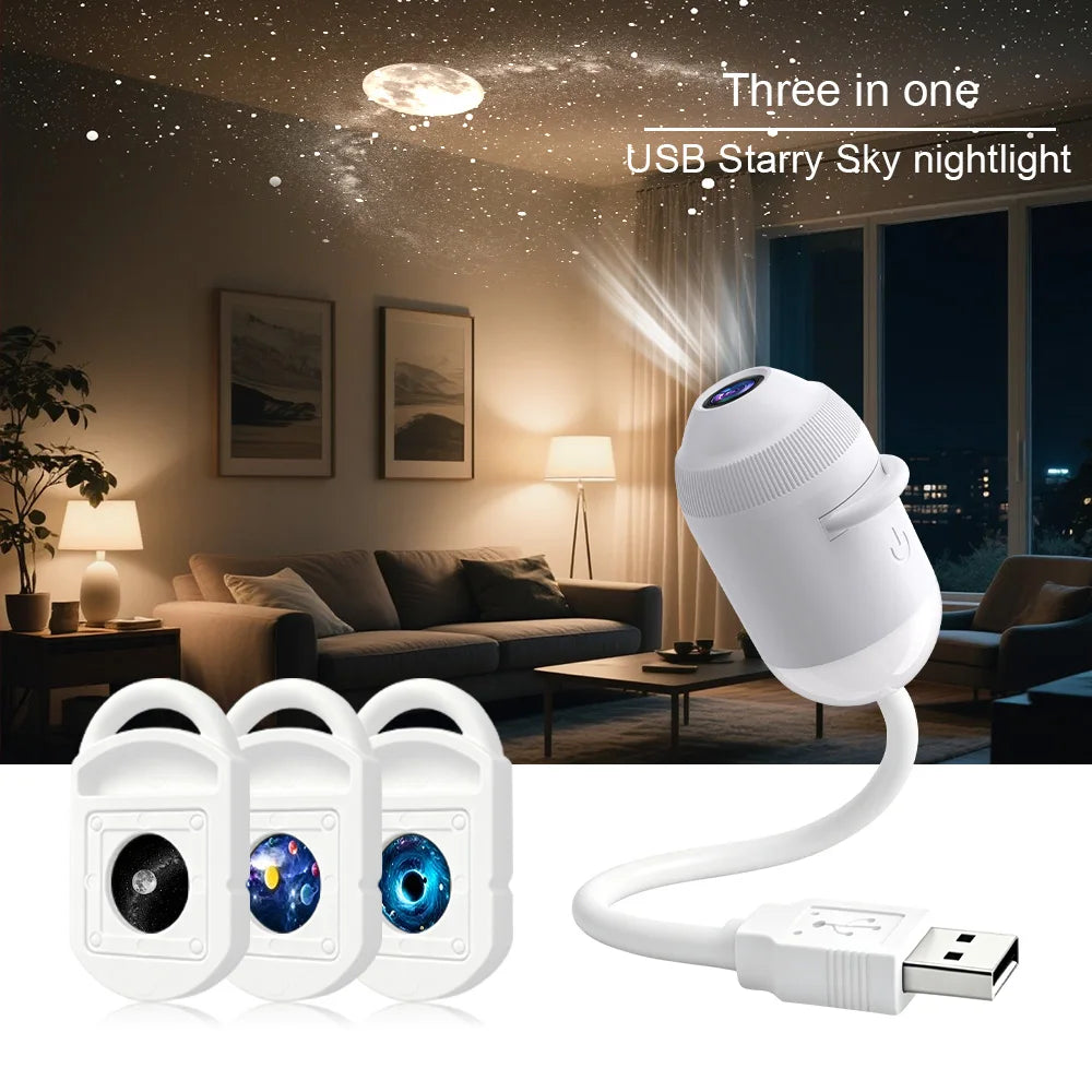 Projetor de Estrelas USB 3 em 1 e Luz Noturna com Controlo por Toque Portátil USB – Iluminação Relaxante para Crianças e Adultos
