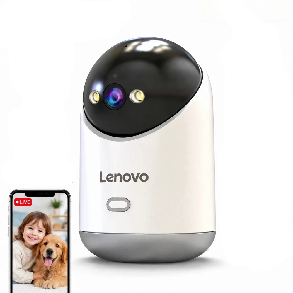 Câmera de Segurança Interna Lenovo 5MP — Wi-Fi Dual Band (2.4G/5G), Rotação PTZ, Visão Noturna a Cores & Rastreio Automático