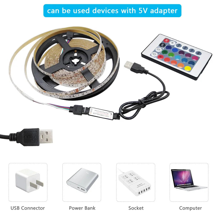 Fita LED USB 5V 5050 RGB - Bluetooth/WiFi/Alexa, 1m-30m, Decoração Quarto/TV