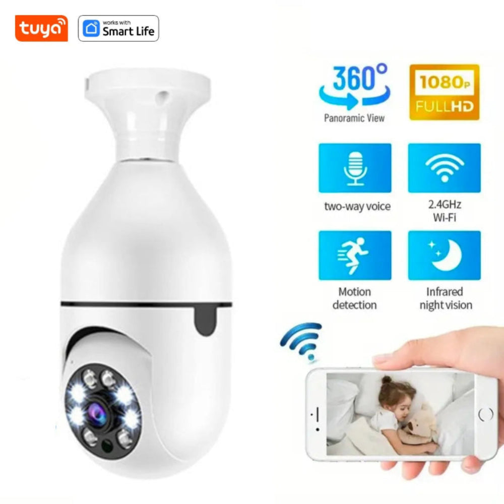 Lâmpada WiFi E27 com Câmara Segurança HD Tuya Smart - Visão Noturna, Áudio Bidirecional, Detecção Movimento