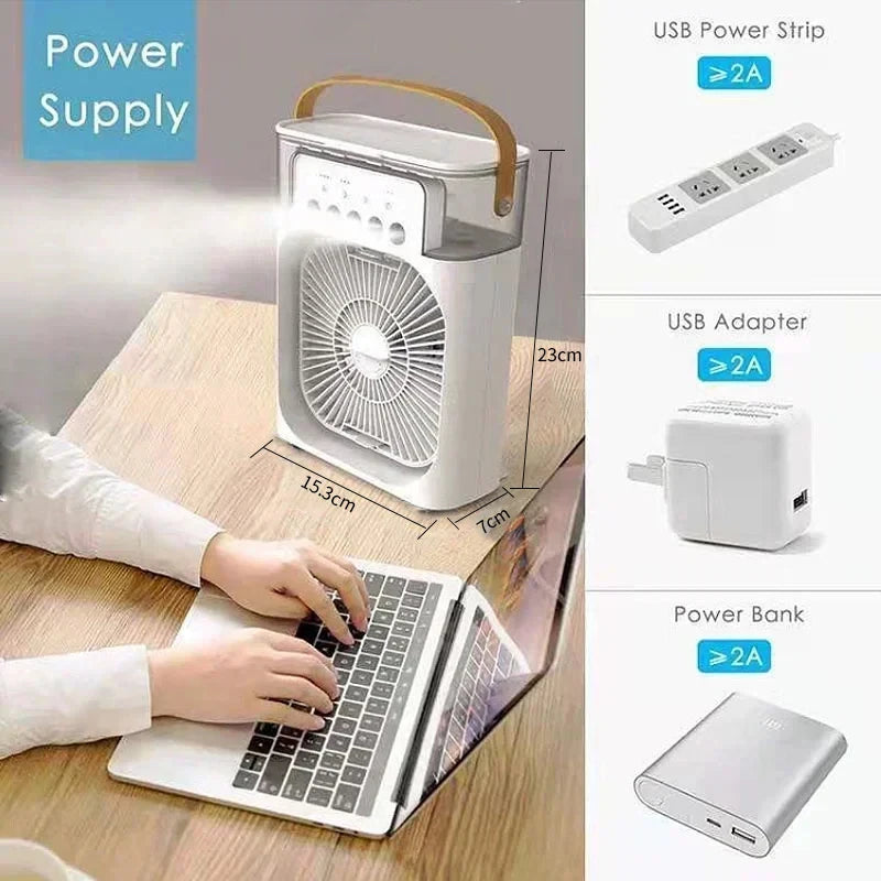 Mini Ar Condicionado Portátil 3 em 1 USB - Ventoinha, Humidificador, Luz Noturna LED, Arrefecimento