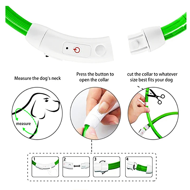 Coleira Luminosa LED Recarregável USB - Ajustável, Segura, Cães/Gatos, Visibilidade Noturna