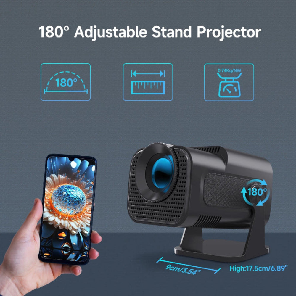 Projetor HY320 Mini 720P Android 11 4K - 300ANSI, WiFi6, BT5.0, 180° Rotativo, Cinema Portátil