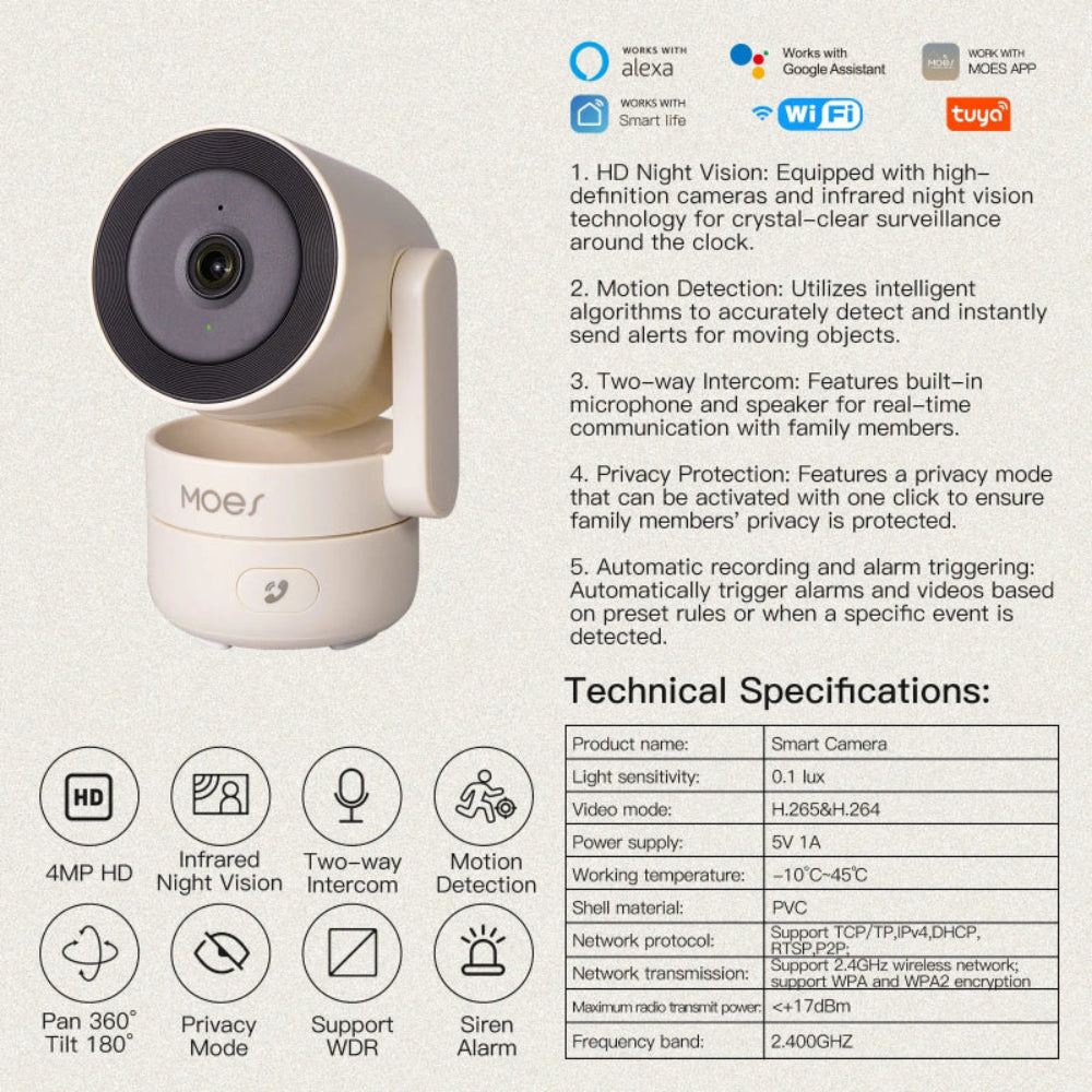 Câmara Segurança Interior WiFi 4MP PTZ MOES - Visão Noturna, Detecção Movimento/Som, Patrulha