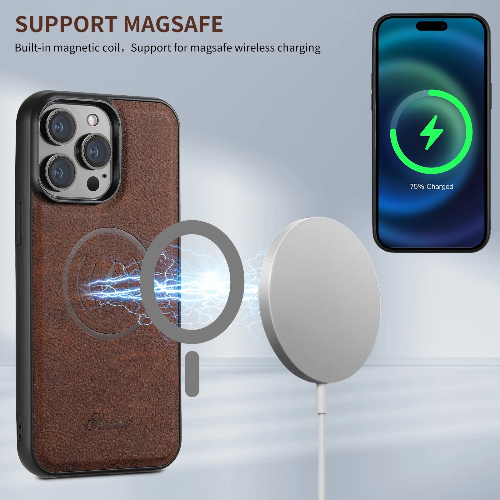 Capa Couro MagSafe com Porta-Cartões com Suporte Magnético  - iPhone/Samsung, Anti-Riscos, Resistente à Água