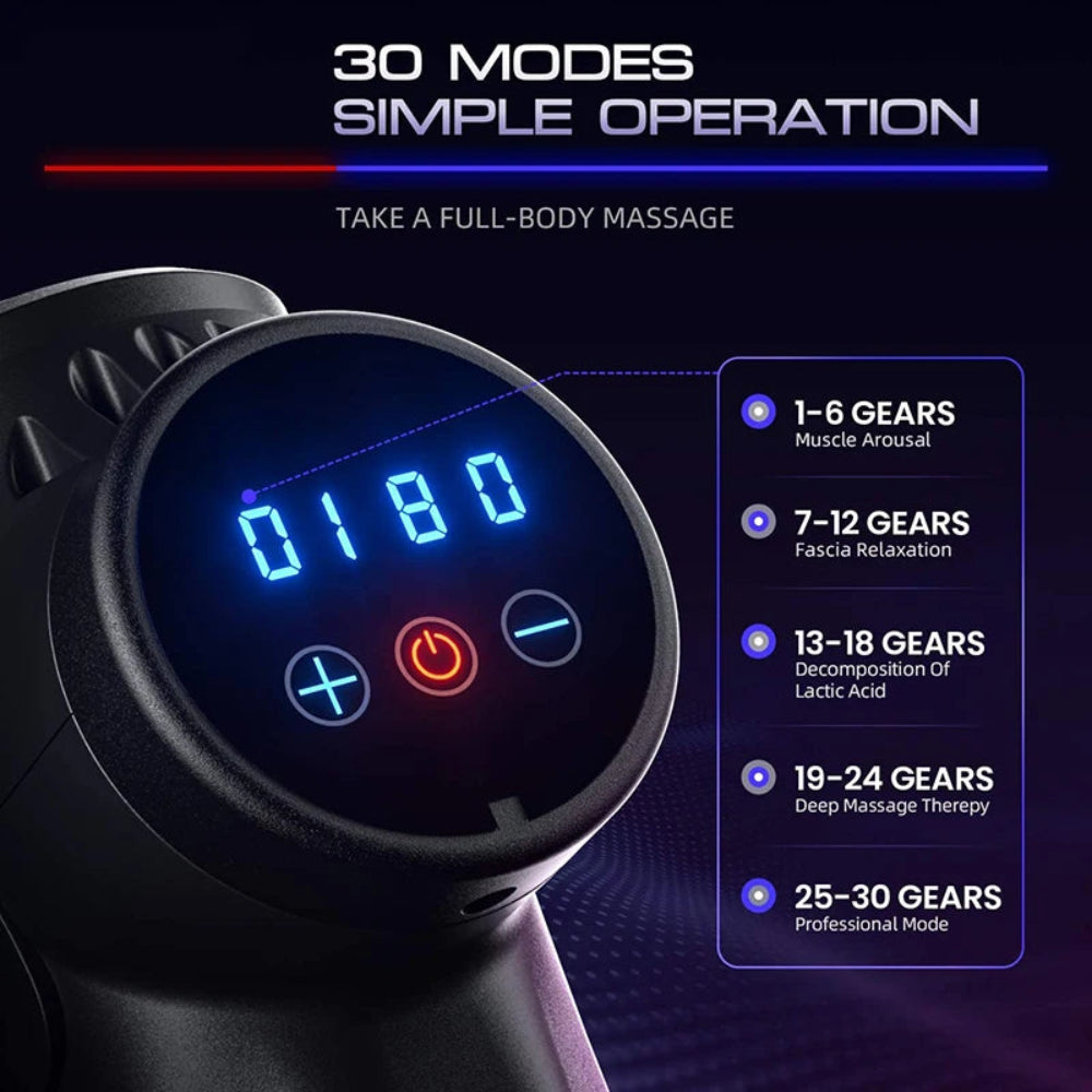 Pistola de Massagem Muscular Profunda 30 Níveis - Relaxamento, Alívio Dor, Desporto, Silenciosa