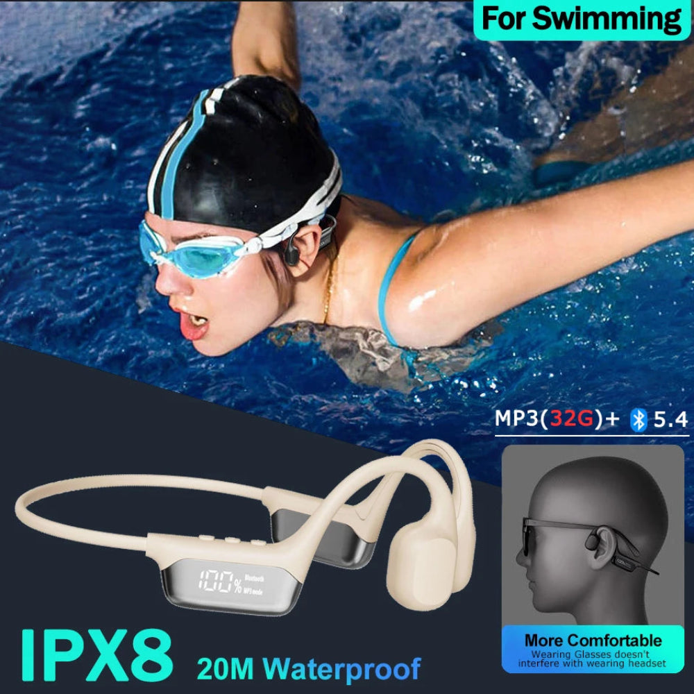 Fones de Ouvido Condução Óssea Bluetooth 5.4 IPX8 - Natação, Desporto & MP3 32GB