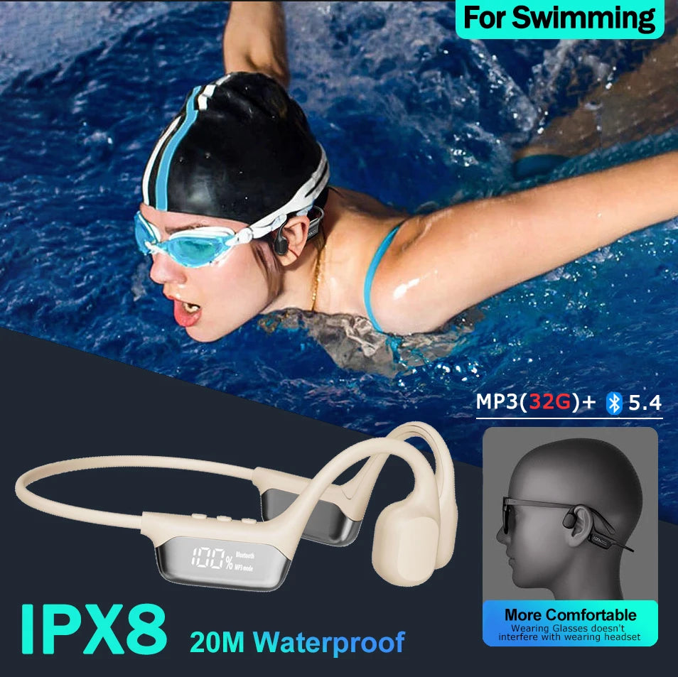 Fones de Ouvido Condução Óssea Bluetooth 5.4 IPX8 - Natação, Desporto & MP3 32GB