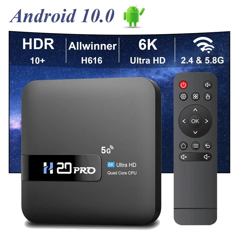 H20PRO Smart TV Box Android 10 WiFi6 - 6K/4K/3D, 2GB RAM, 16GB ROM, Dual WiFi