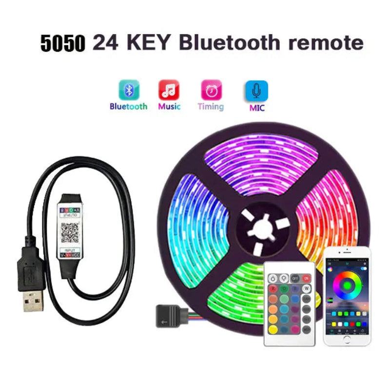 Fita LED USB 5V 5050 RGB - Bluetooth/WiFi/Alexa, 1m-30m, Decoração Quarto/TV