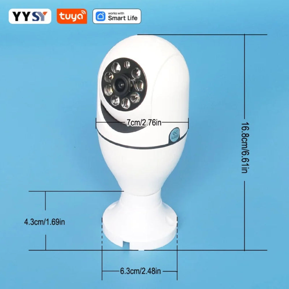 Lâmpada WiFi E27 com Câmara Segurança HD Tuya Smart - Visão Noturna, Áudio Bidirecional, Detecção Movimento